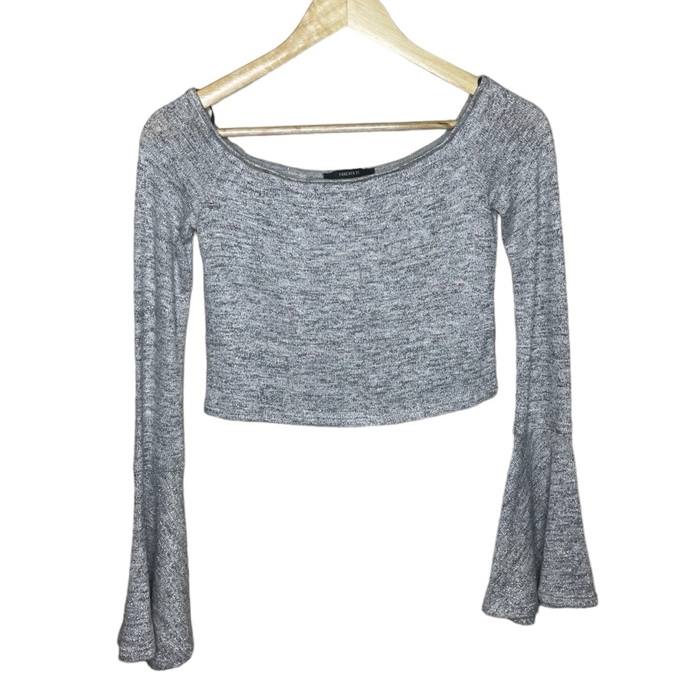 Silver Glitter Off The Shoulder Top with Trumpet Sleeves